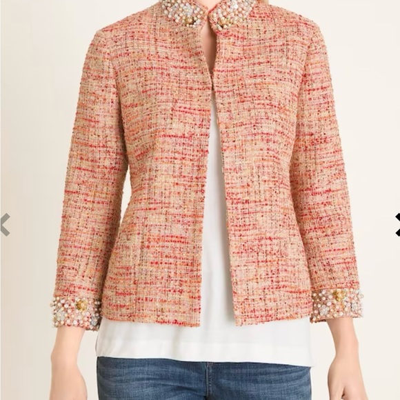 Chico’s 2 Embellished Coral Tweed Jacket Pearls and Beads - Picture 2 of 6